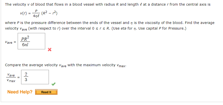 Solved The Velocity V Of Blood That Flows In A Blood Vess Chegg Com