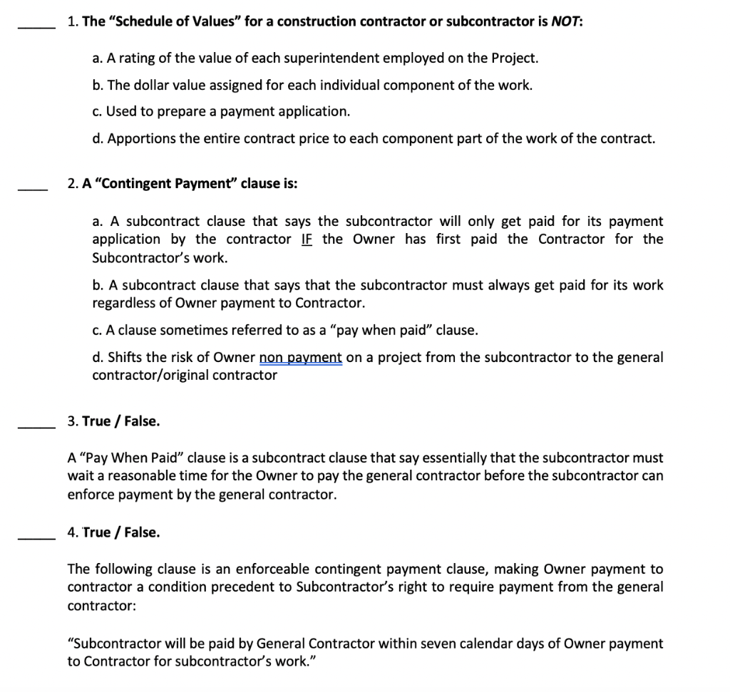 Solved 1. The "Schedule of Values" for a construction