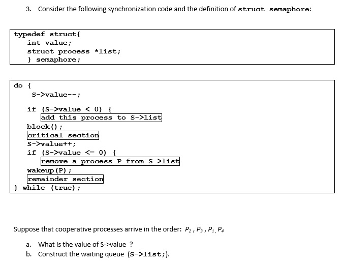 Solved 3. Consider the following synchronization code and | Chegg.com