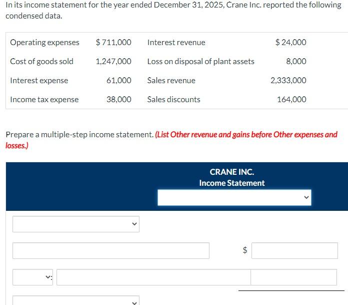 In its income statement for the year ended December 31,2025 , Crane Inc. reported the following condensed data.

Prepare a mu