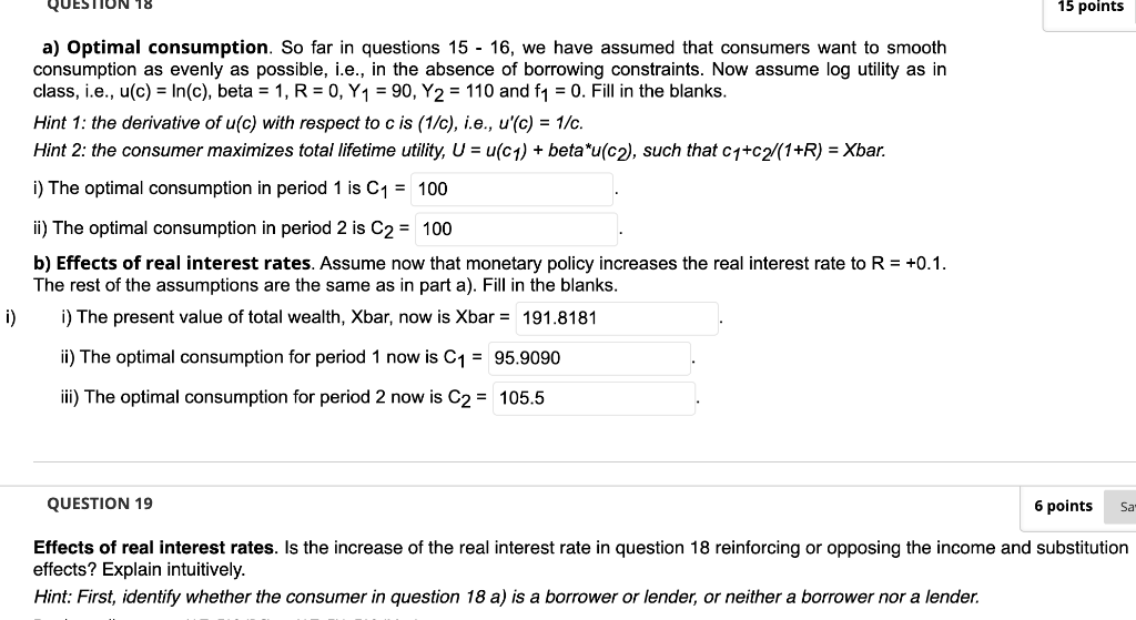 Solved QUESTION 18 15 points a) Optimal consumption. So far | Chegg.com