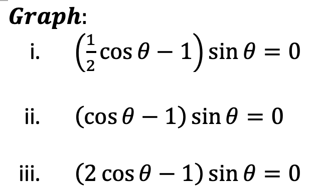 Solved Graph: i. (21cosθ−1)sinθ=0 ii. (cosθ−1)sinθ=0 iii. | Chegg.com