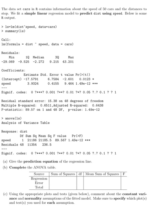 Solved The data set cars in R contains information about the | Chegg.com