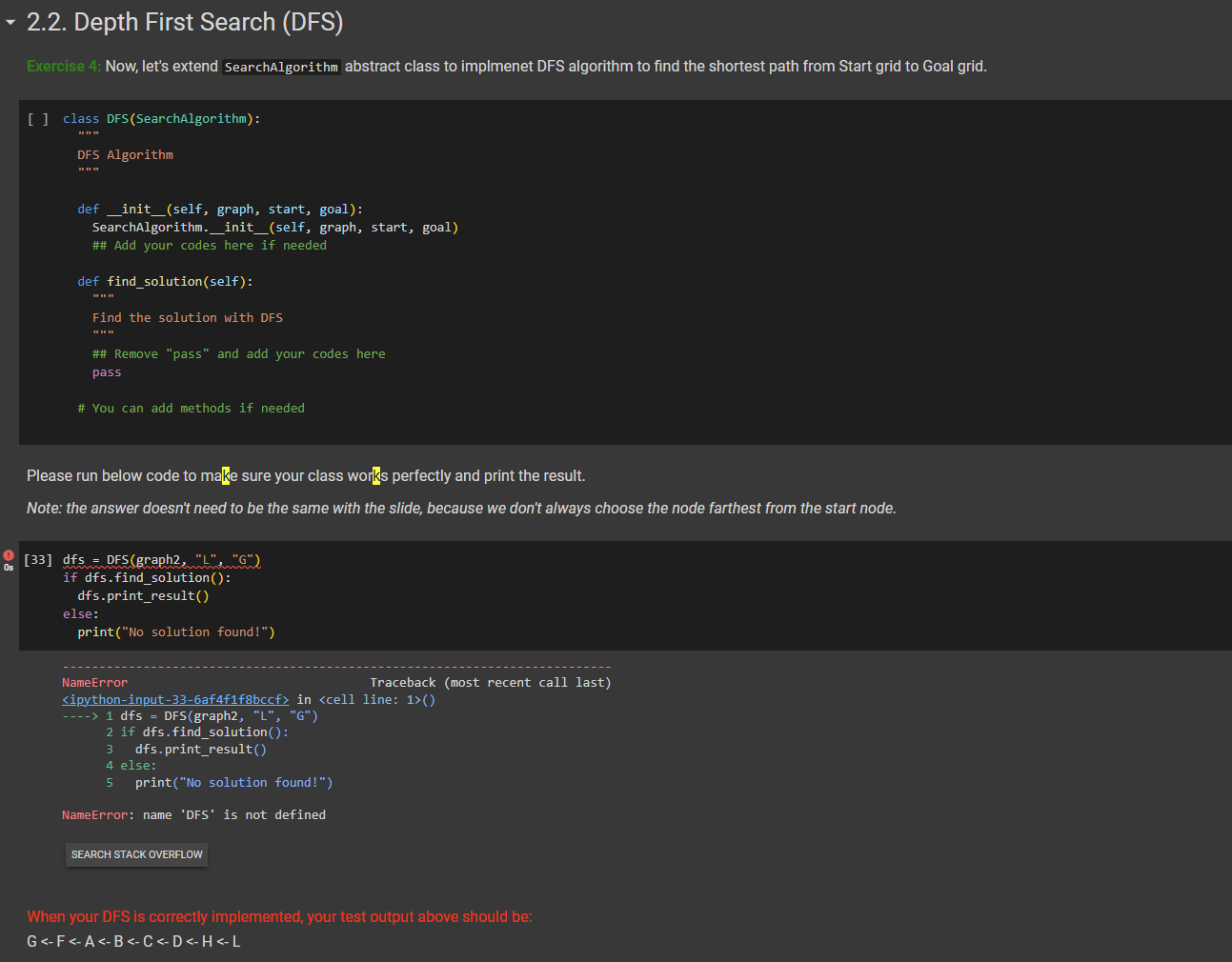 Solved When your DFS is correctly implemented, your test | Chegg.com