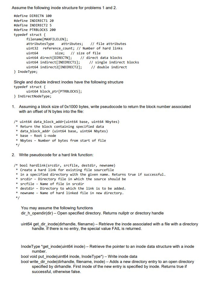 Assume the following inode structure for problems 1 | Chegg.com