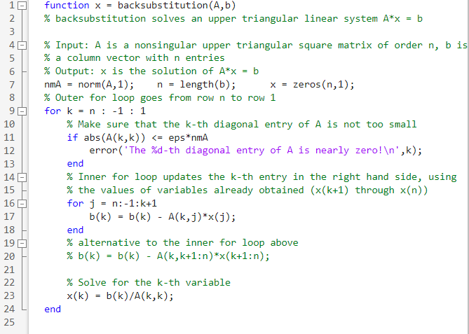 Solved 23 (MATLAB) (a) In the MATLAB back substitution code | Chegg.com