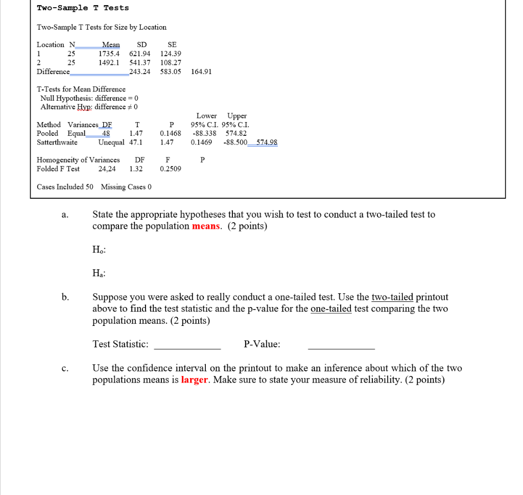 Solved Two-Sample T Tests Two-Sample T Tests for Size by | Chegg.com