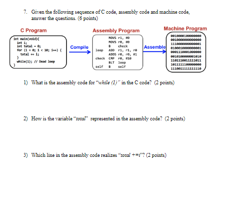 Solved 7. Given the following sequence of C code, assembly | Chegg.com
