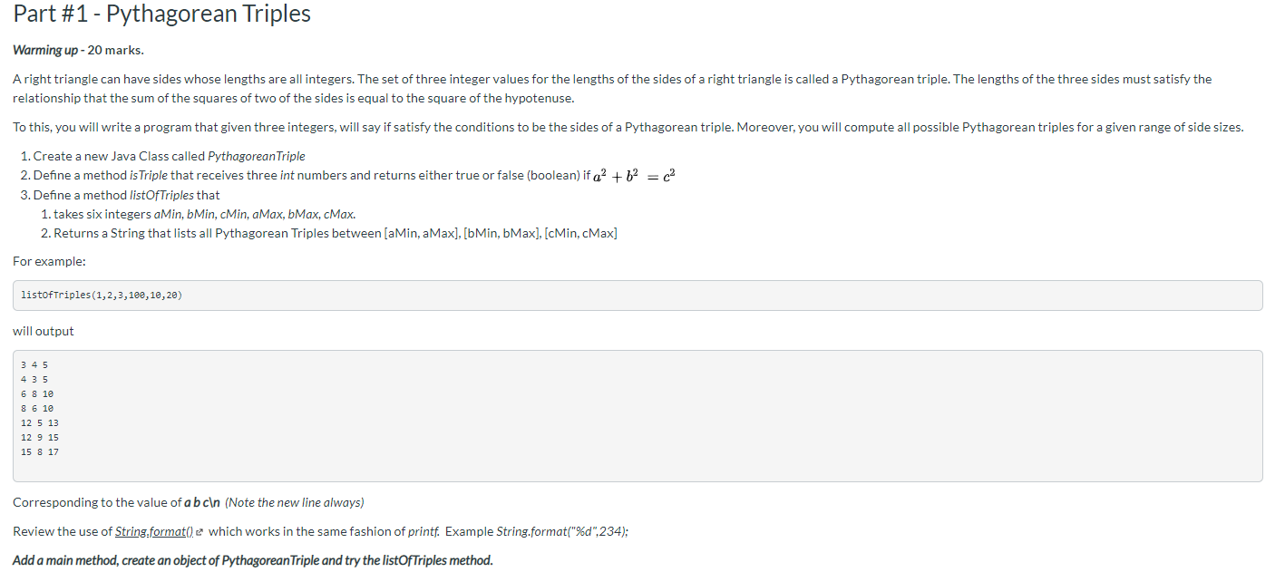 Solved Part 1 Pythagorean Triples Warming Up Marks Chegg Com