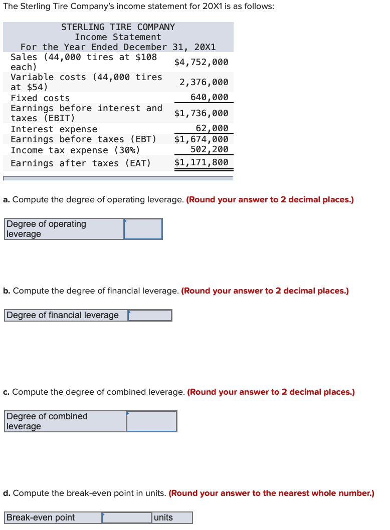 Solved The Sterling Tire Company's Income Statement For 20X1 | Chegg.com