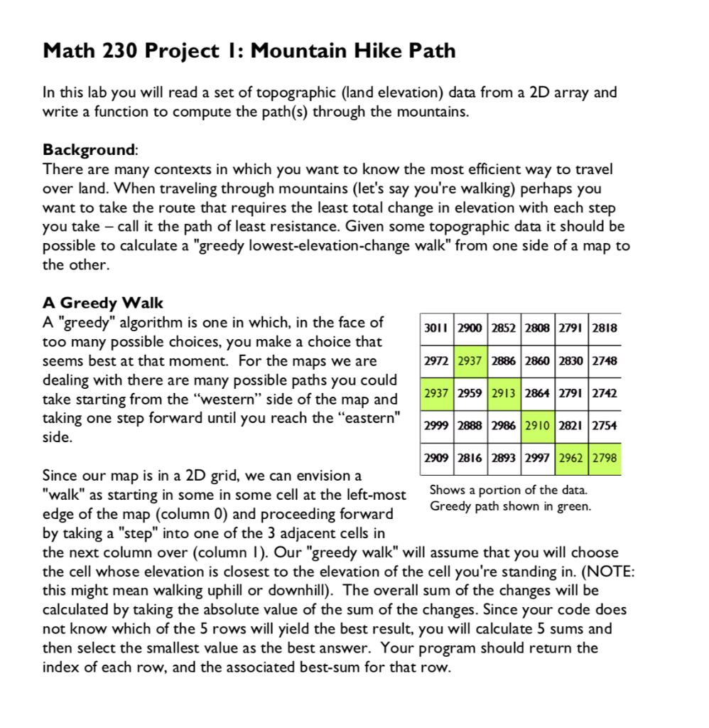 Solved Math 230 Proiect I Mountain Hike Path In this lab