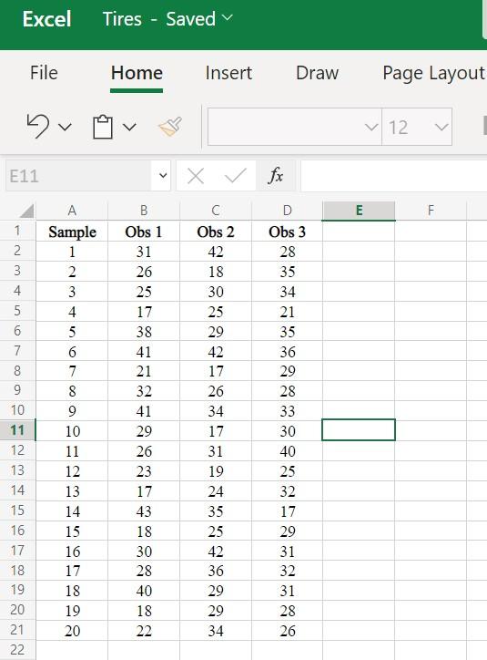 Solved Excel Tires - Saved ∨ File Home Insert Draw Page | Chegg.com