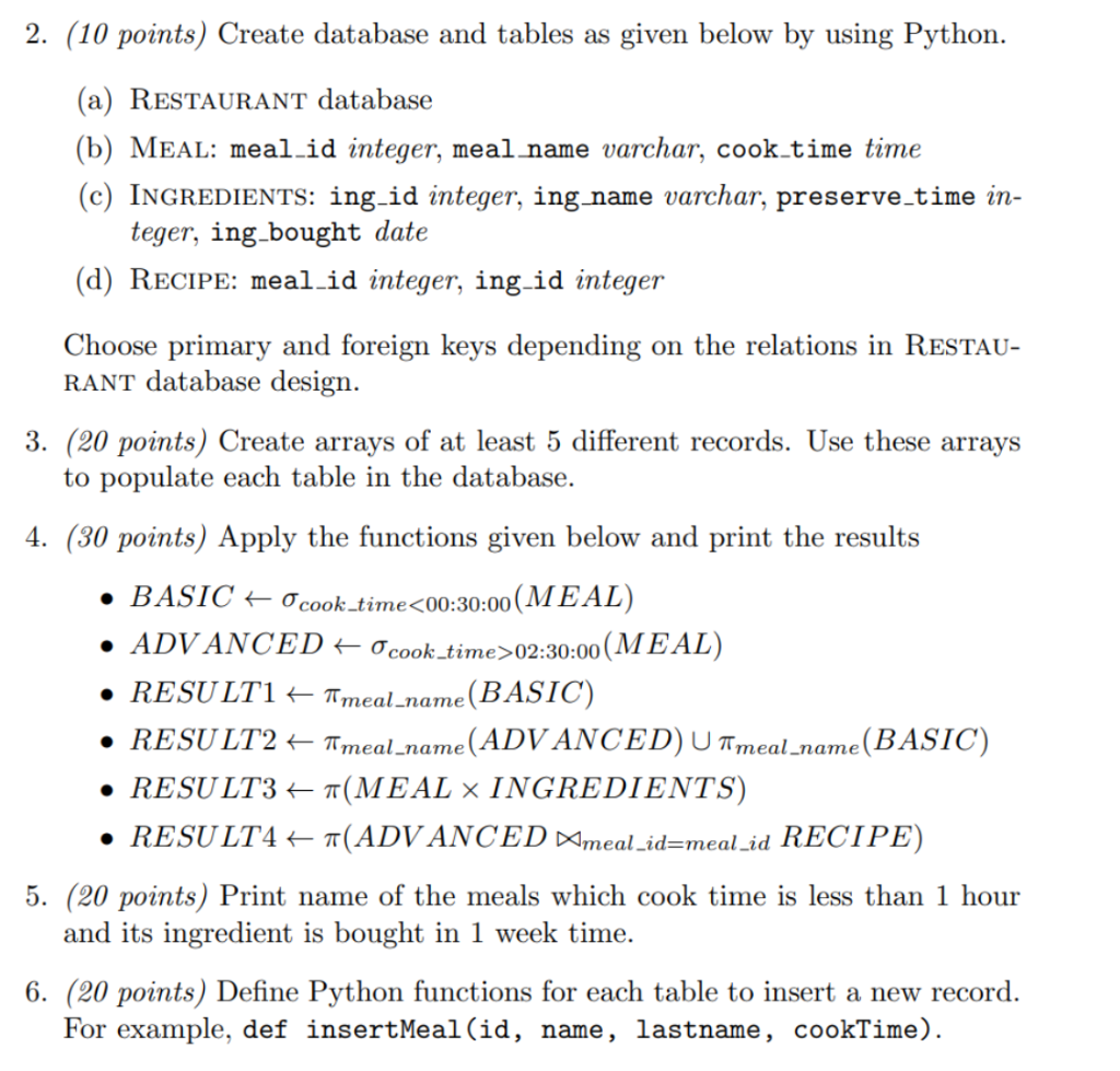 2. (10 points) Create database and tables as given | Chegg.com