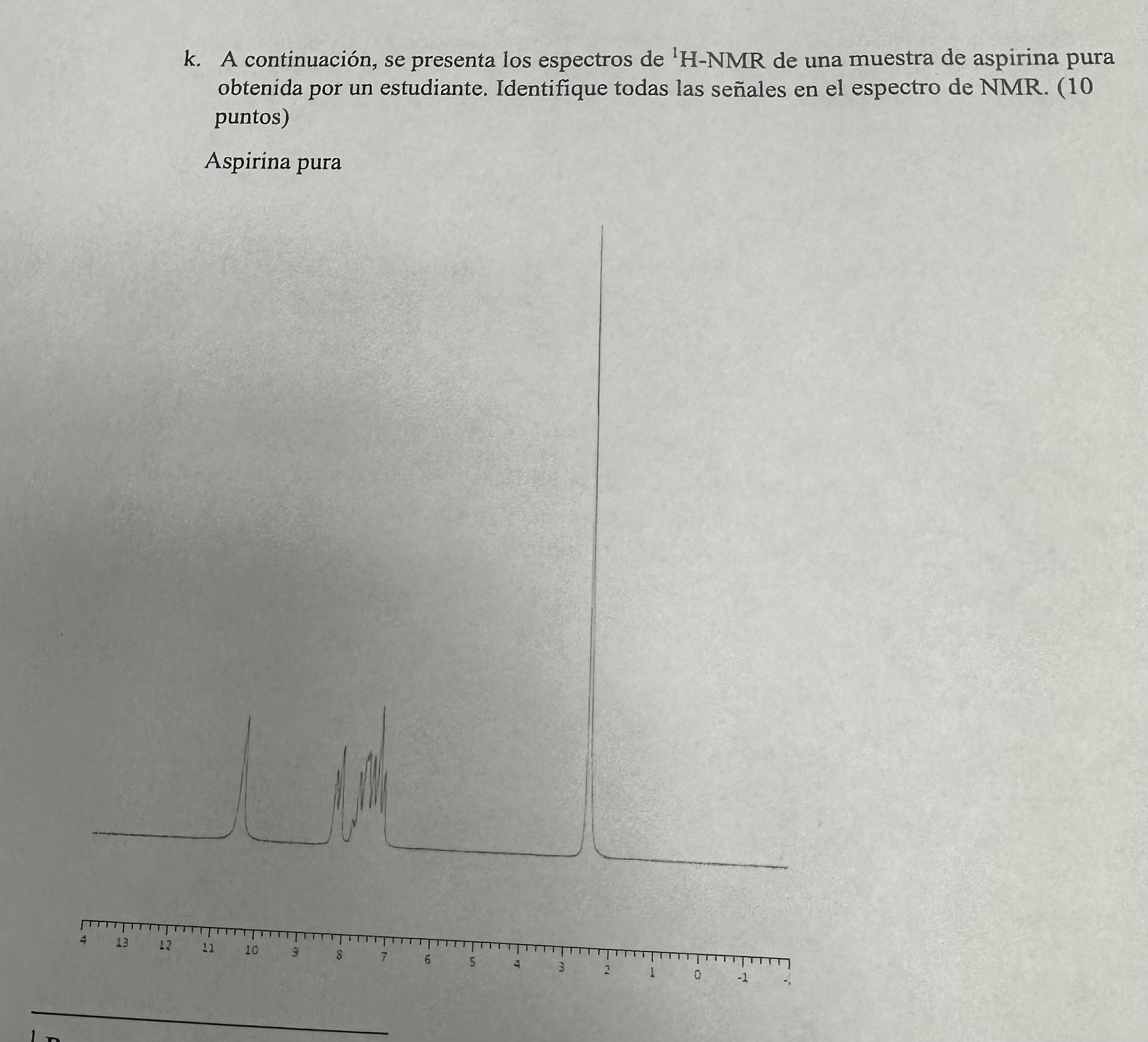 k. A continuación, se presenta los espectros de \( { }^{1} \mathrm{H}-\mathrm{NMR} \) de una muestra de aspirina pura obtenid