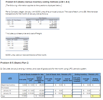 Solved Problem 8-5 (Static) Various Inventory costing | Chegg.com