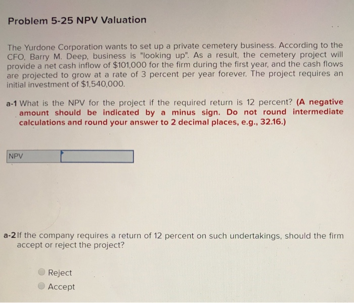 Solved Problem 5-25 NPV Valuation The Yurdone Corporation | Chegg.com