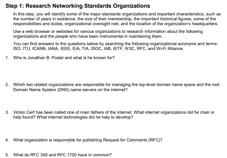 Solved Step 1: Research Networking Standards Organizations | Chegg.com