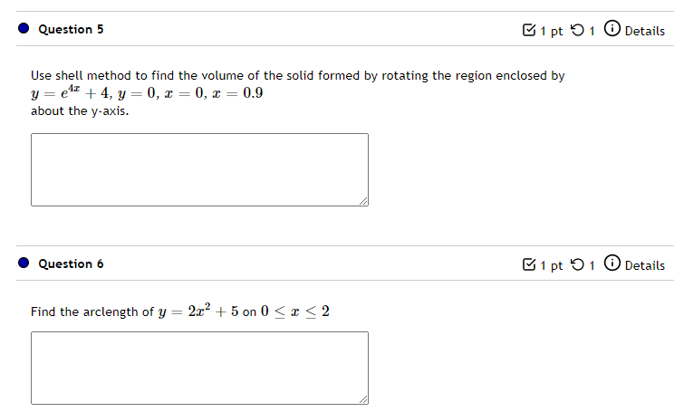 Solved Question 5 1 pt 1 Details Use shell method to find | Chegg.com