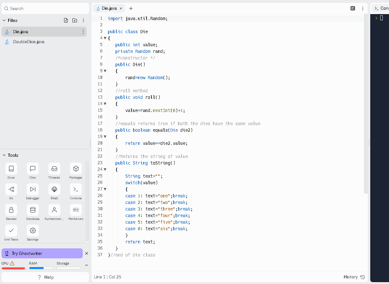 Solved Replit help with Java! I am trying to create a dice | Chegg.com