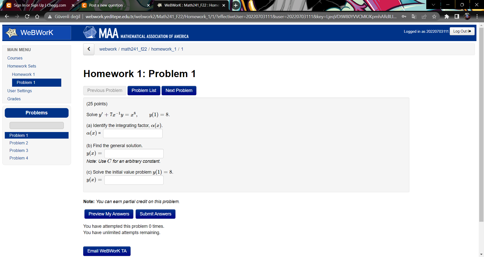 Solved (25 points) Solve y′+7x−1y=x8,y(1)=8. (a) Identify | Chegg.com