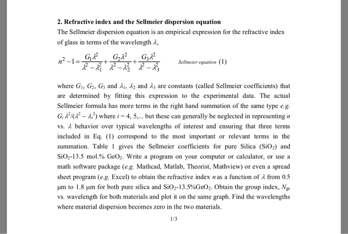 Solved 2. Refractive index and the Sellmeier dispersion | Chegg.com