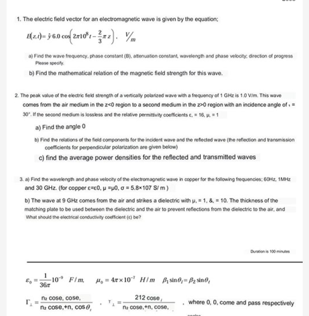 Solved 1. The electric field vector for an electromagnetic | Chegg.com