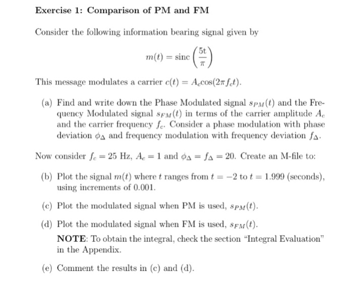 Solved Exercise 1: Comparison of PM and FM Consider the | Chegg.com