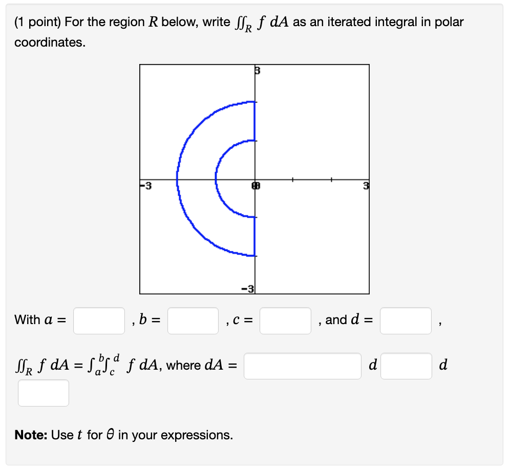 Solved (1 point) For the region R below, write ∬RfdA as an | Chegg.com