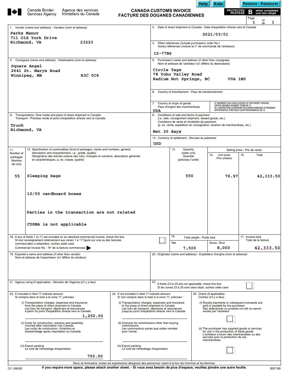 Using the attached Canada Customs Invoice, answer | Chegg.com