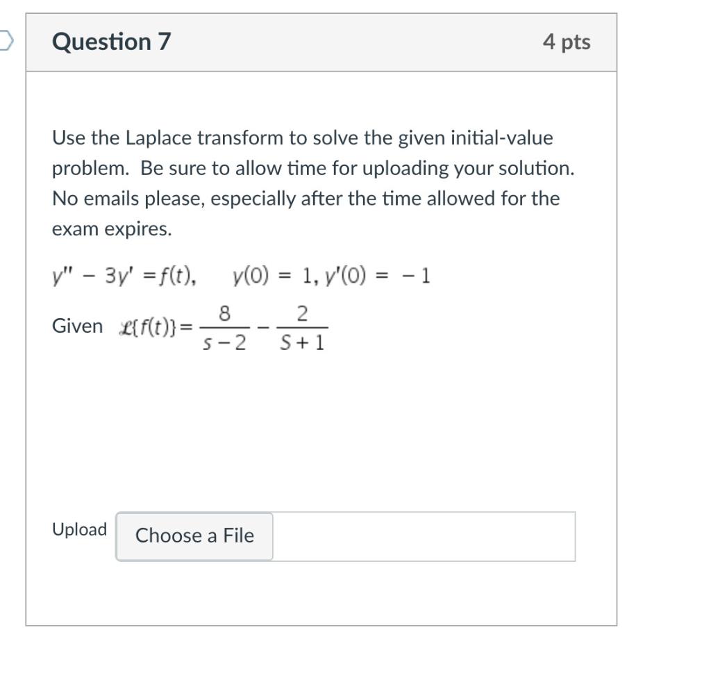 Solved Question 7 4 Pts Use The Laplace Transform To Solve | Chegg.com