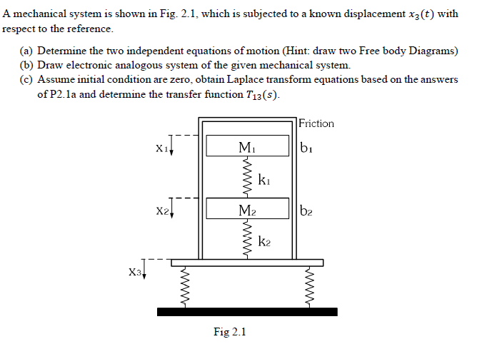 Solved A mechanical system is shown in Fig. 2.1, which is | Chegg.com