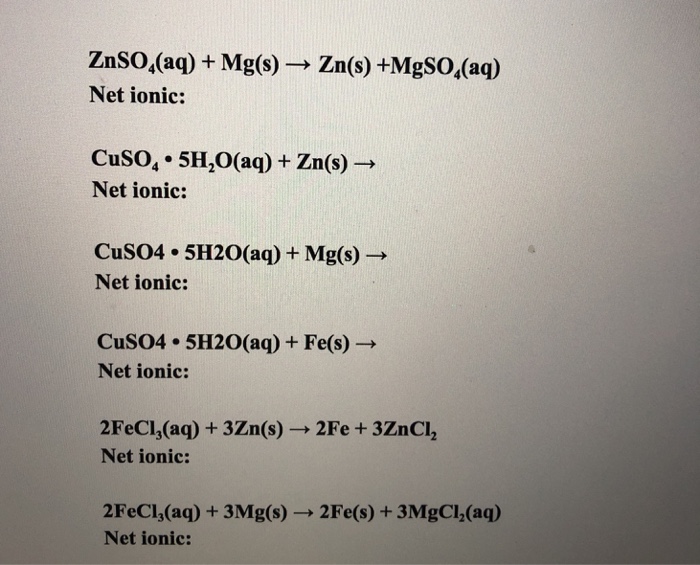 Solved ZnSO,(aq) + Mg(s) -Zn(s) +MgSO,(aq) Net ionic: CuSo,. | Chegg.com