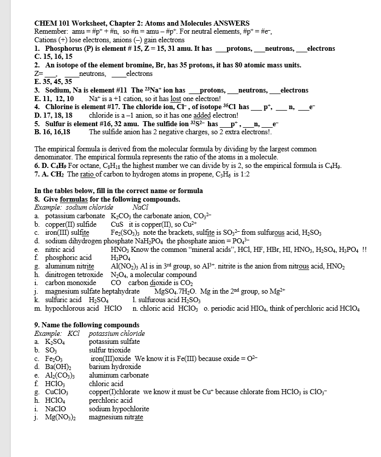 Solved CHEM 101 Worksheet, Chapter 2: Atoms And Molecules | Chegg.com