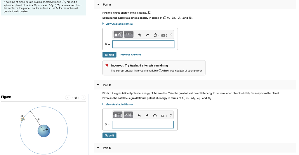 Part A A Satellite Of Mass Mr Is In A Circular Orbit Chegg Com