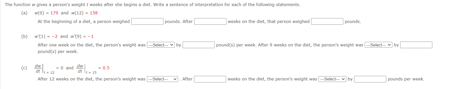 Solved The function w gives a person's weight t weeks after | Chegg.com