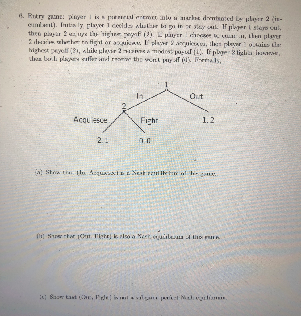 Solved 6. Entry game: player 1 is a potential entrant into a | Chegg.com