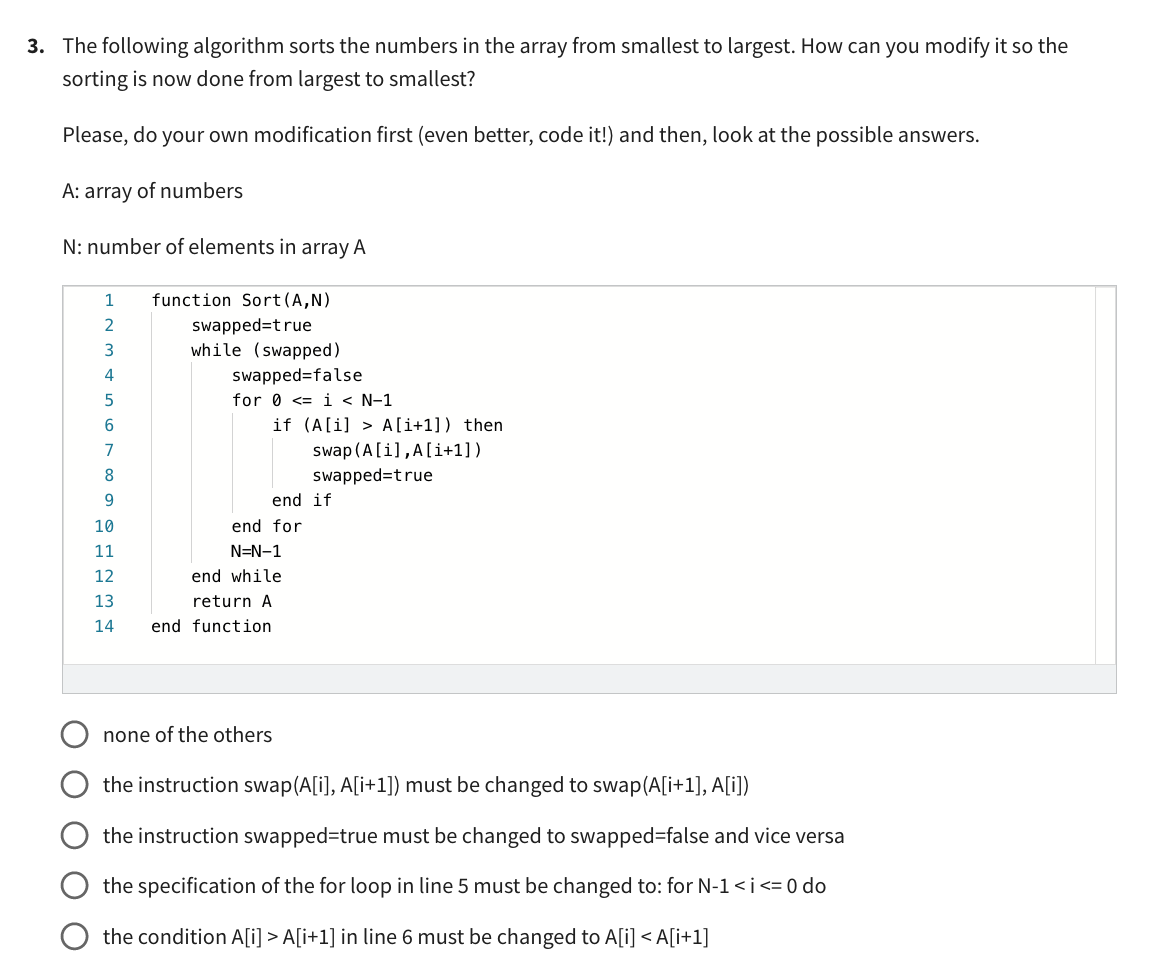 Solved 3. The Following Algorithm Sorts The Numbers In The | Chegg.com