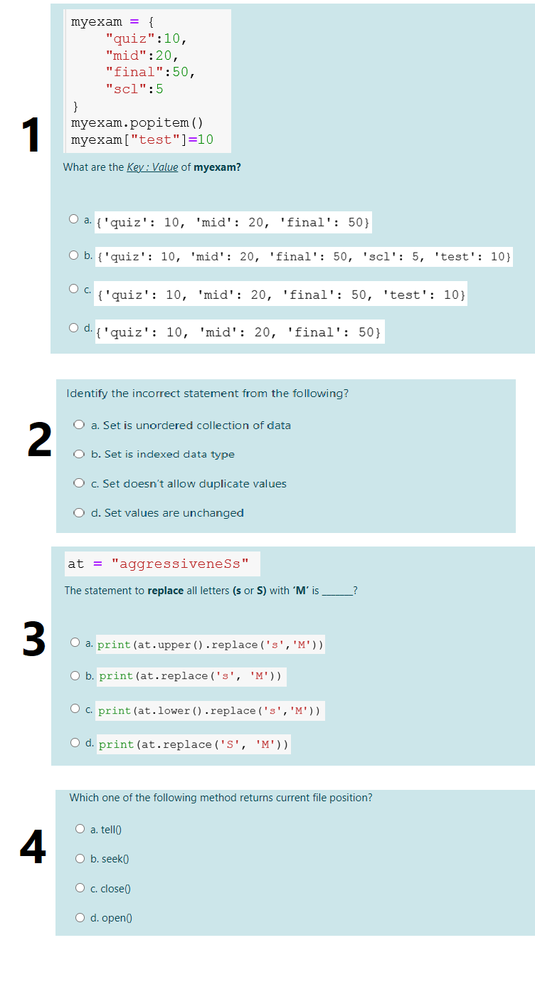 Solved myexam = { "quiz":10, "mid":20, "final":50, "scl":5 } | Chegg.com