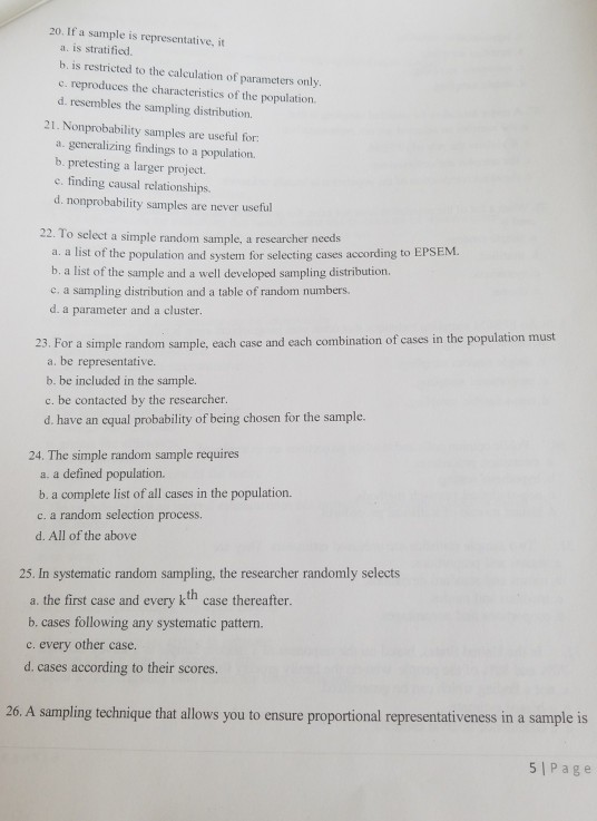 Solved 20. If a sample is representative, it a. is | Chegg.com