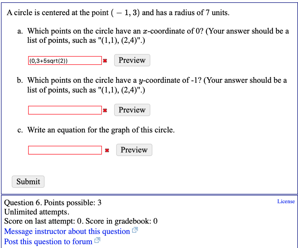 Solved A circle is centered at the point (- 1, 3) and has a | Chegg.com