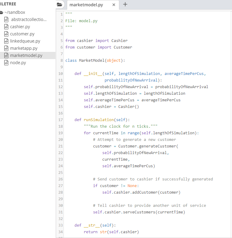 marketmodel.py x + 1 2 file: model.py 3 iletree -/sandbox abstractcollectio... cashier.py customer.py linkedqueue.py marketap