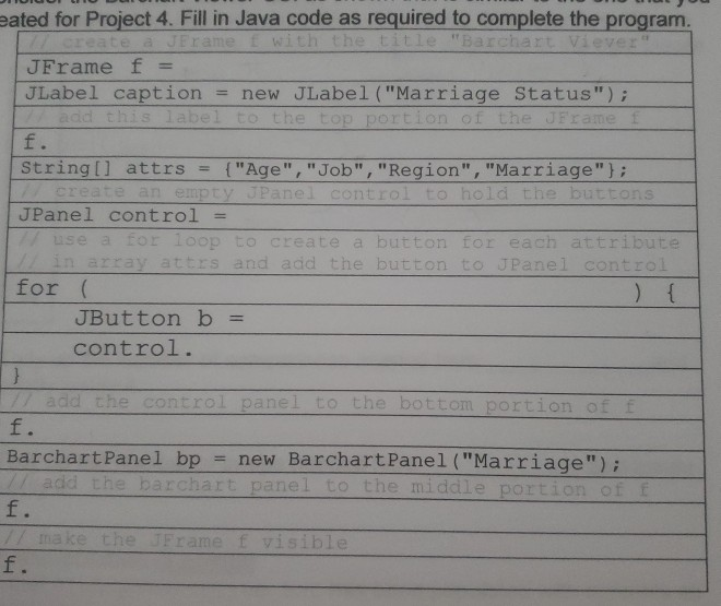 Solved eated for Project 4. Fill in Java code as required to | Chegg.com