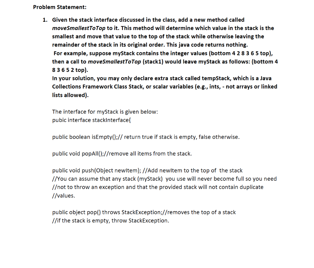 Problem Statement Given the stack interface discussed | Chegg.com
