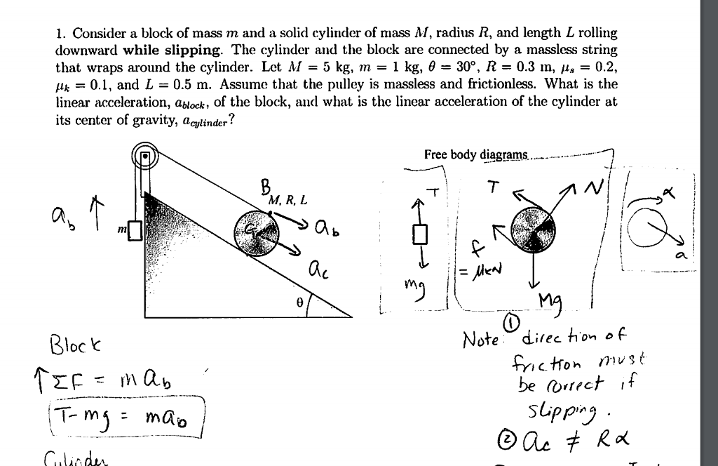 Solved 1. Consider a block of mass m and a solid cylinder of | Chegg.com