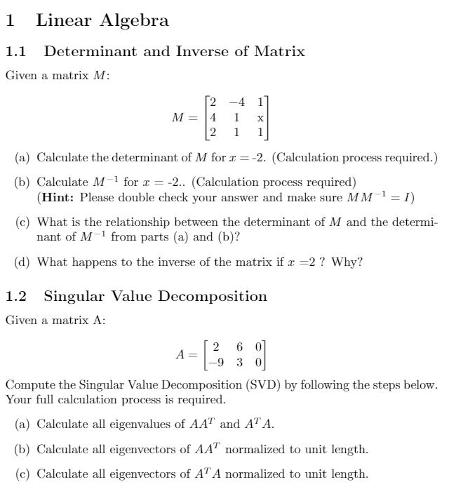 Solved 1 Linear Algebra 1.1 Determinant and Inverse of | Chegg.com