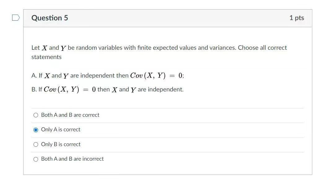 Solved Question 5 1 pts Let X and Y be random variables with | Chegg.com