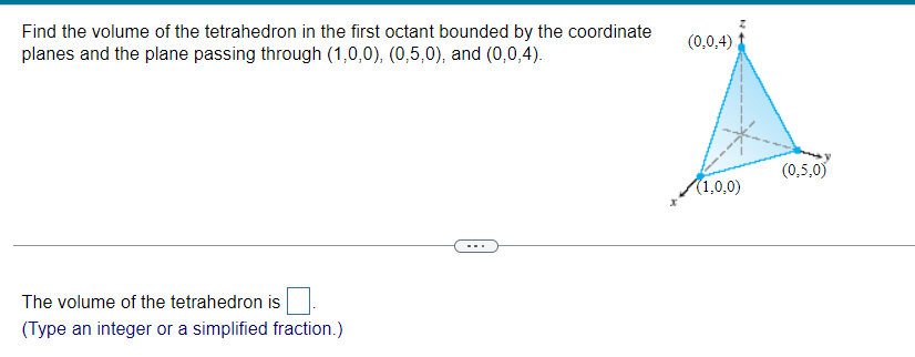 Find the volume of the tetrahedron in the first octant bounded by the coordinate planes and the plane passing through \( (1,0