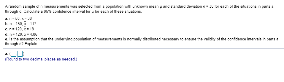 Solved A random sample of n measurements was selected from a | Chegg.com