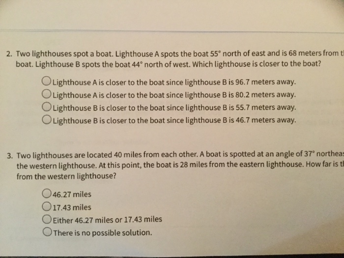 Solved 2. Two lighthouses spot a boat. Lighthouse A spots