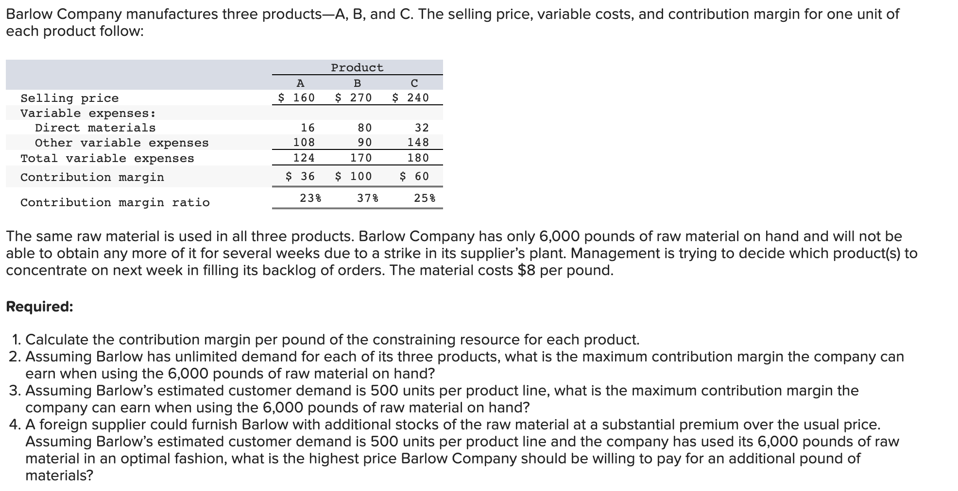 Solved Barlow Company Manufactures Three Products-A, B, And | Chegg.com